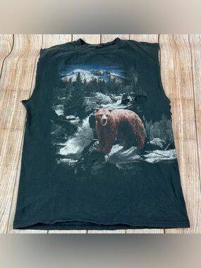 Vintage Thrash Nature Bear Mountians Warp Around Black Sleeveless Shirt Medium